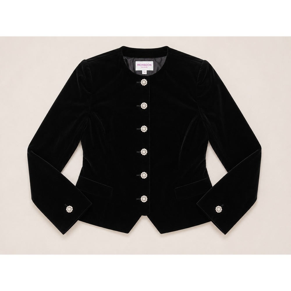 Vintage 80s 90s Chaus Black Velvet Blazer Women Size 6 Rhinestone Buttons Lined - Picture 2 of 10
